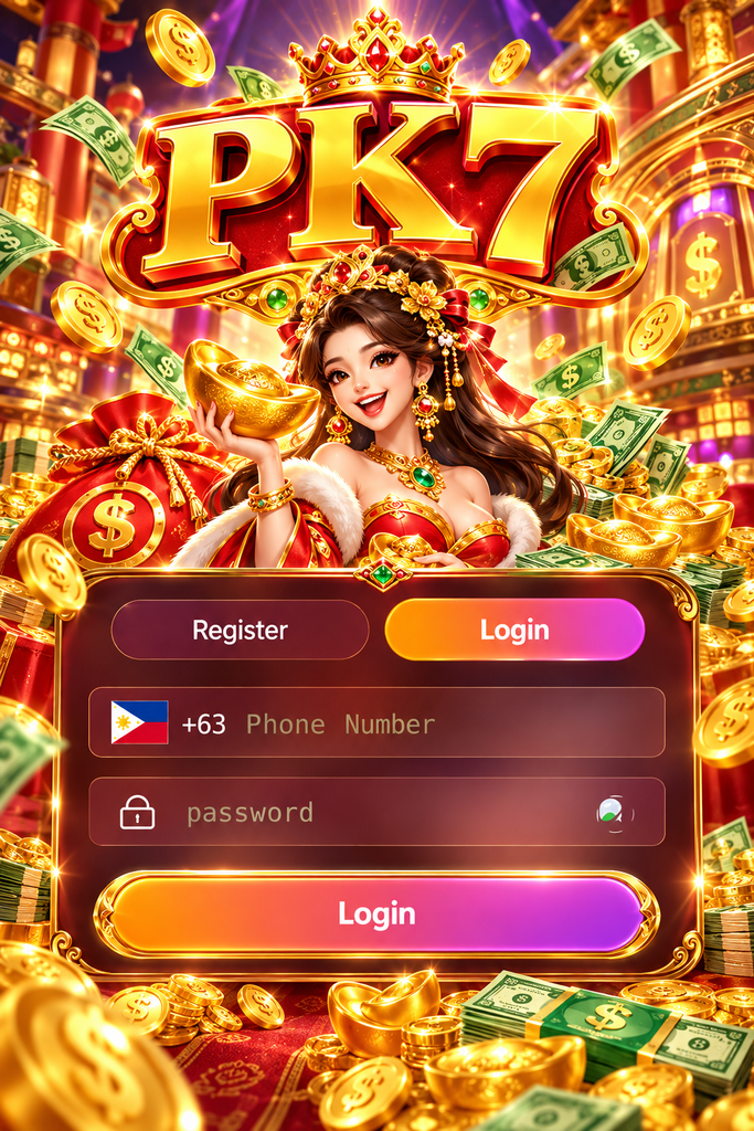 PK7 login with a luxury money theme featuring gold coins, cash, and royal decorations