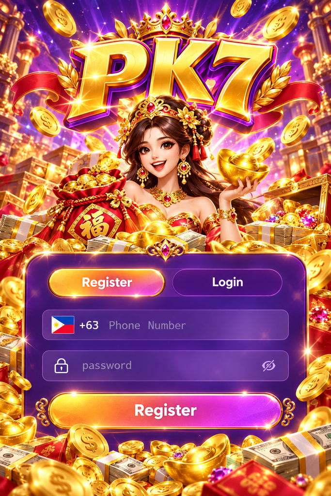 PK7 registration with a luxury money theme featuring gold coins, cash, and royal decorations